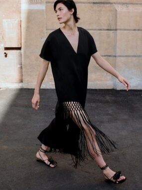 Zara Black Fringed V‑Neck Linen Tunic